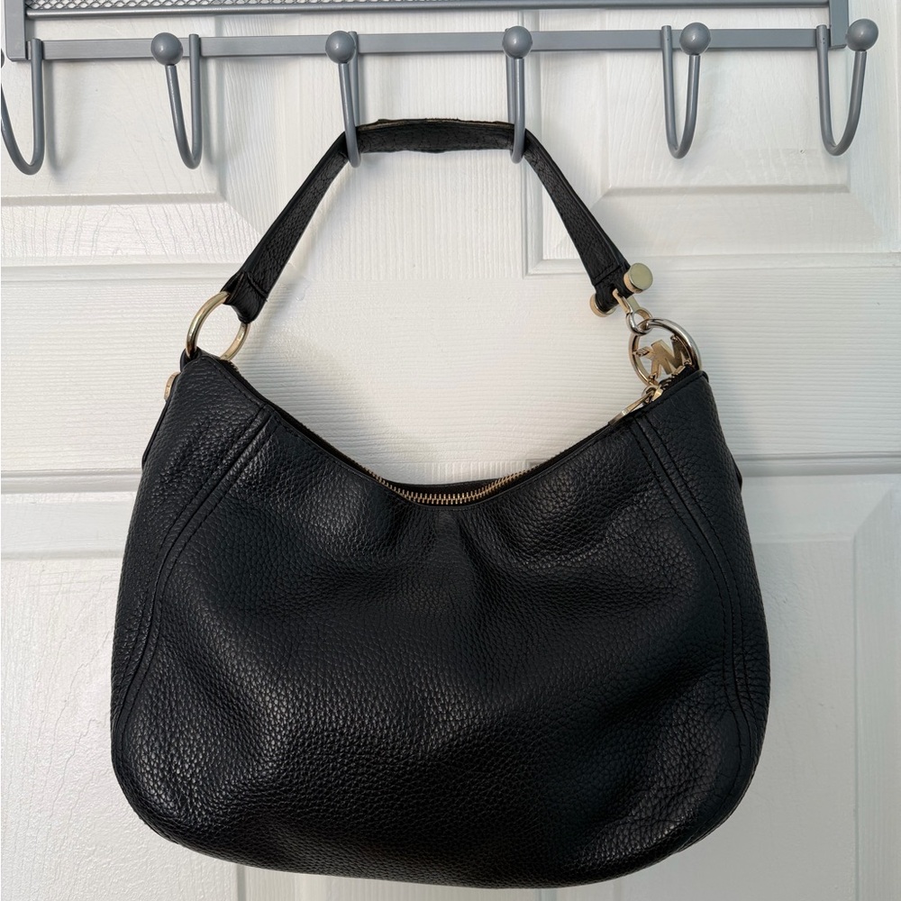 Michael Kors Black Pebbled Leather Shoulder Bag with Gold Accents